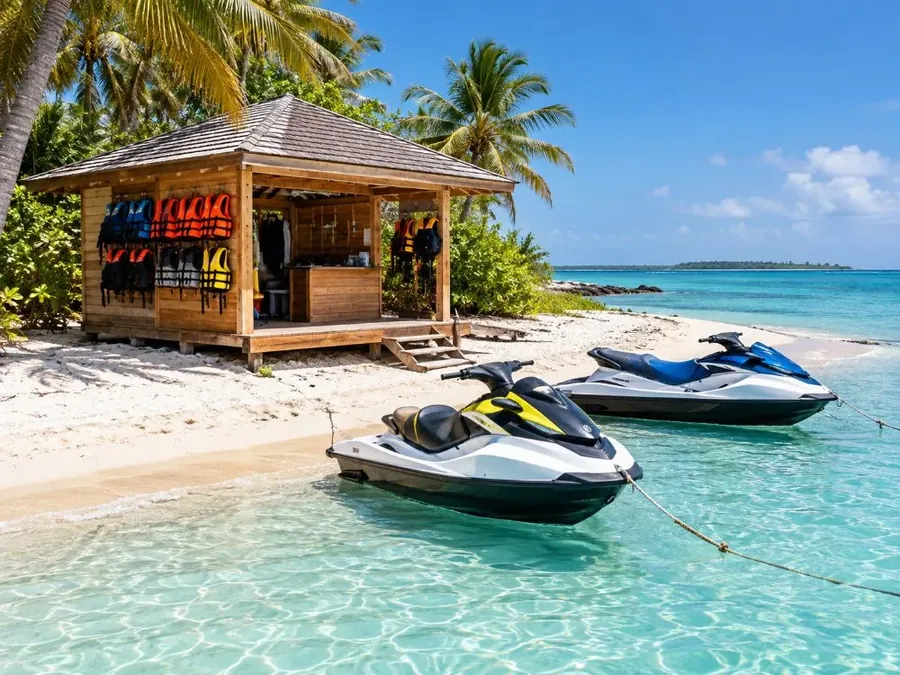 A small rental hut on a white beach with a jet ski at the water's edge