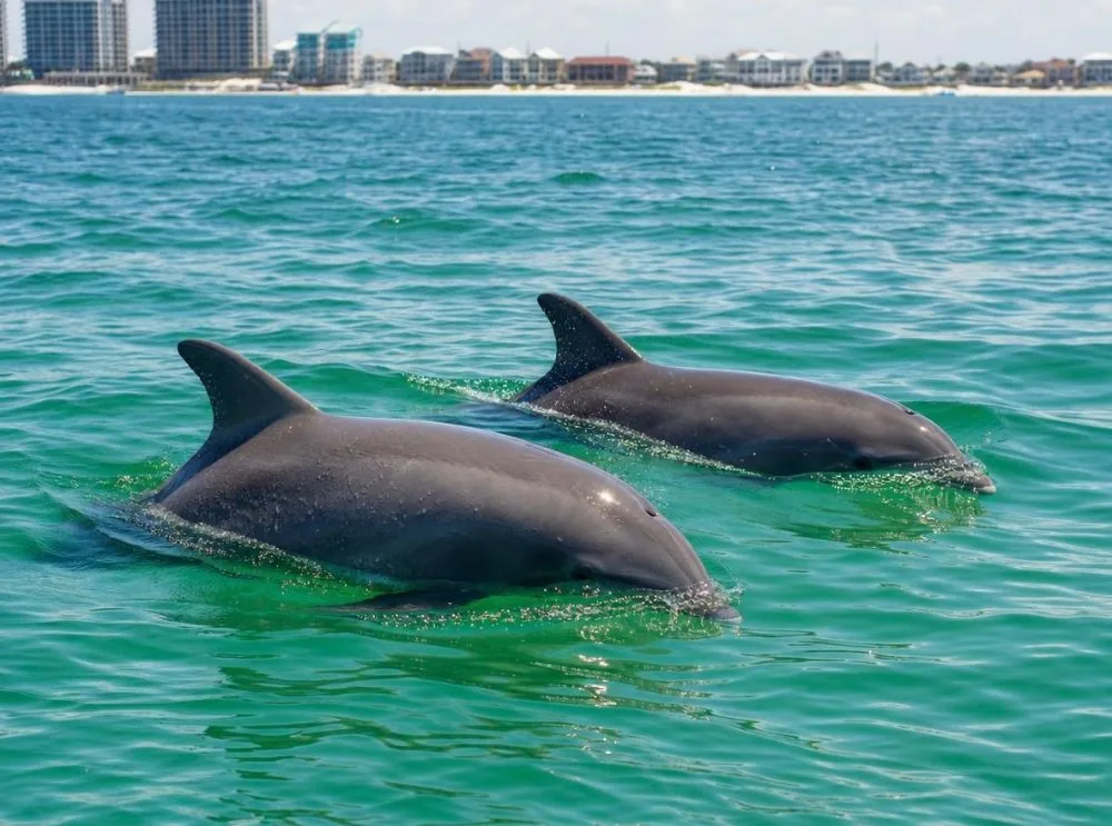 Two bottlenose dolphins surfacing side by side in calm emerald-green water