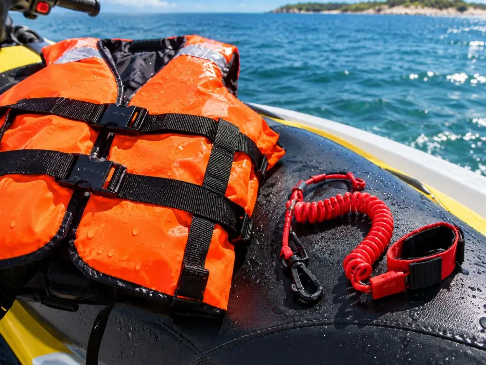 An orange life jacket and a red engine cut-off lanyard resting on a jet ski seat
