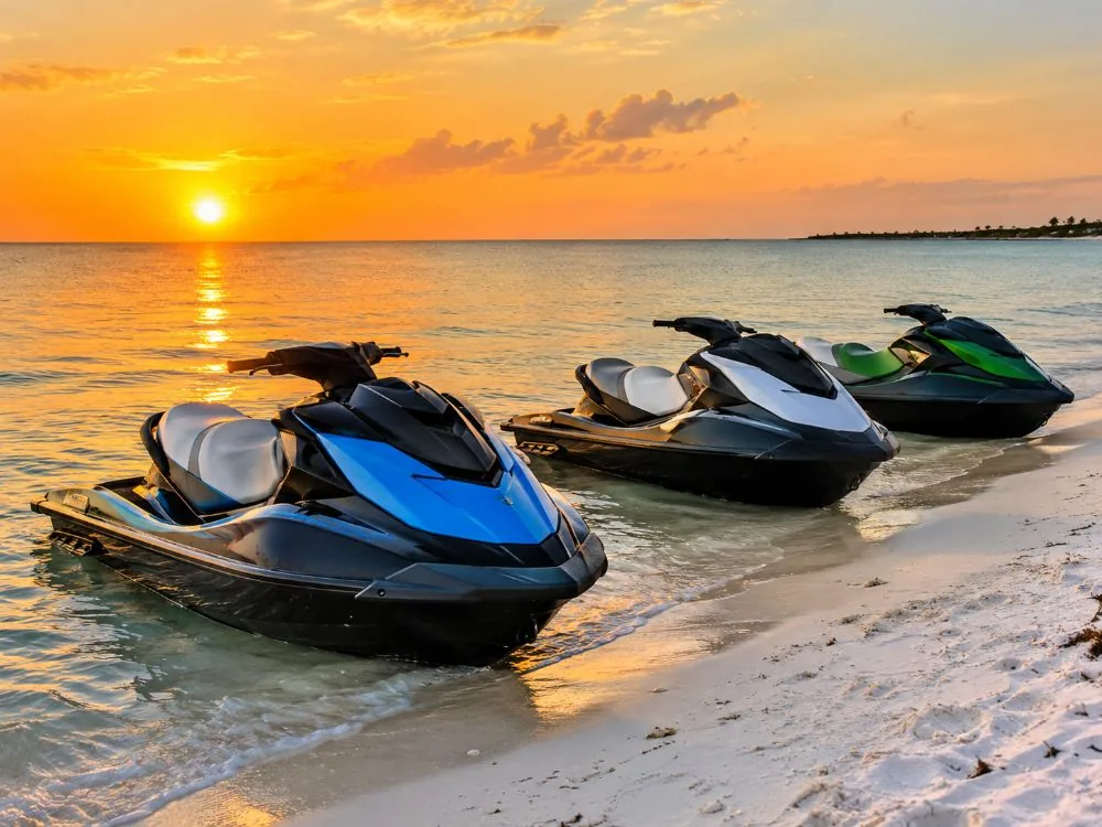 Three jet skis pulled up on a white-sand beach at golden hour
